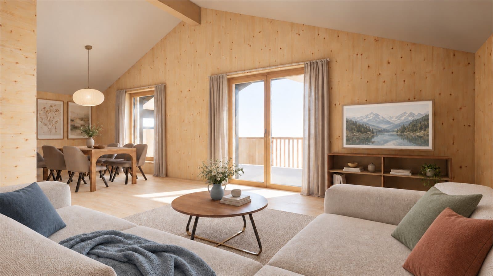 Ferienwohnung in Fiesch: Wohn- und Essbereich der 3.5-Zimmer-Dachwohnung mit sichtbarem Holzdach, Eichenboden und Stückholzofen, Visualisierung