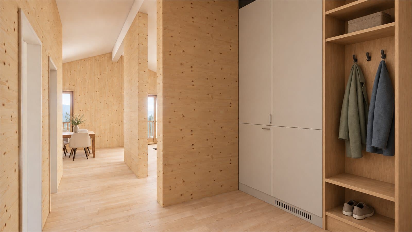 Ferienhaus in Fiesch Elementbau Fertighaus aus Holz Eingang Garderobe