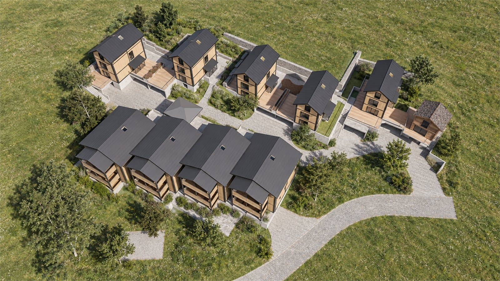 Ferienhäuer und Ferienwohnungen in Fiesch Elementbau (Fertighaus aus Holz) Vogelperspektive