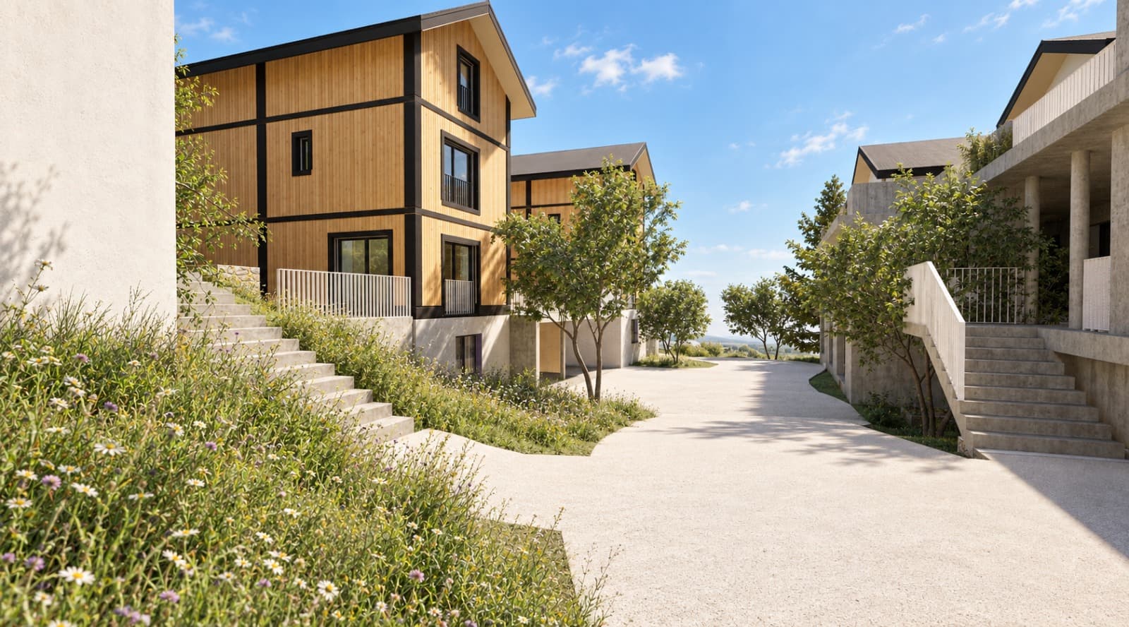 Quartierstrasse des Mondhaus Mountain Village in Fiesch von Westen: rechts Ferienhäuser aus Holz, links Mehrfamilienhäuser mit Ferienwohnungen, Visualisierung
