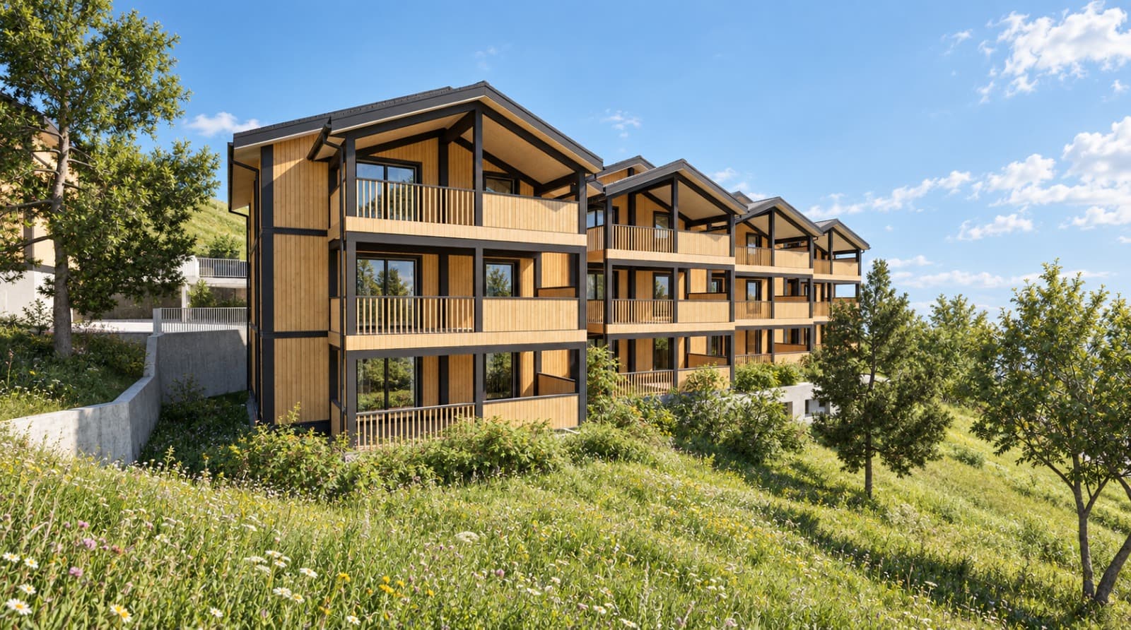 Ferienwohnungen in Fiesch: Visualisierung der vier Mehrfamilienhäuser im Granacher von Südwesten, Holzfassade und Balkone nach Süden