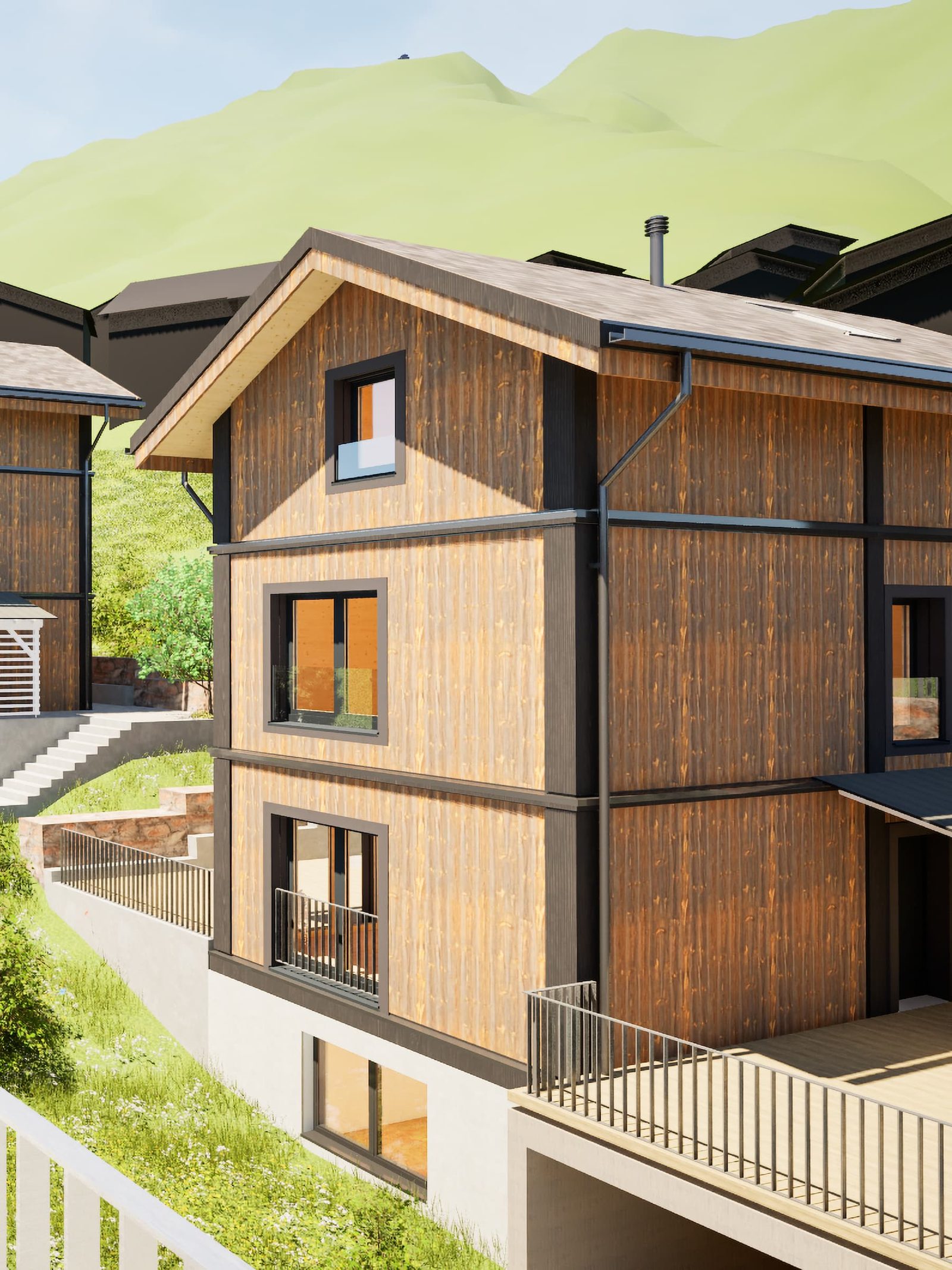 Mondhaus Resort Fiesch: Fassade eines Ferienhauses über drei Geschosse