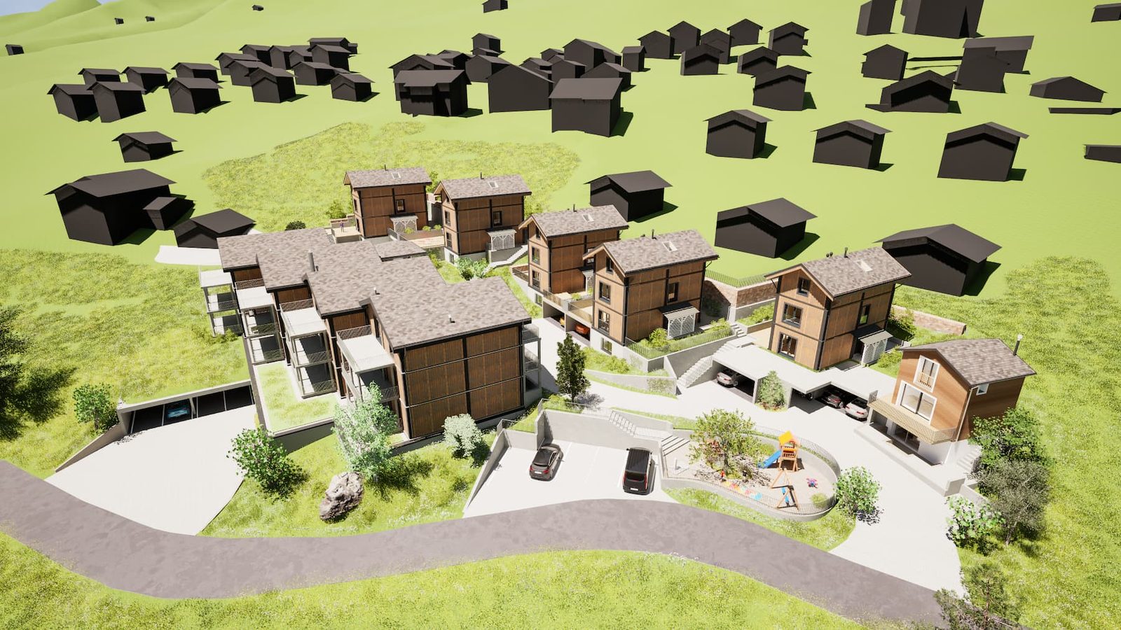 Mondhaus Resort Fiesch: Visualisierung mit Parkierung und Spielplatz